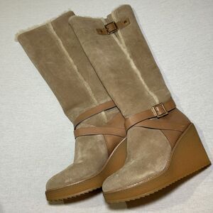 Tory Burch tan suede shearling-lined wedge boots, 9/9.5 (est)